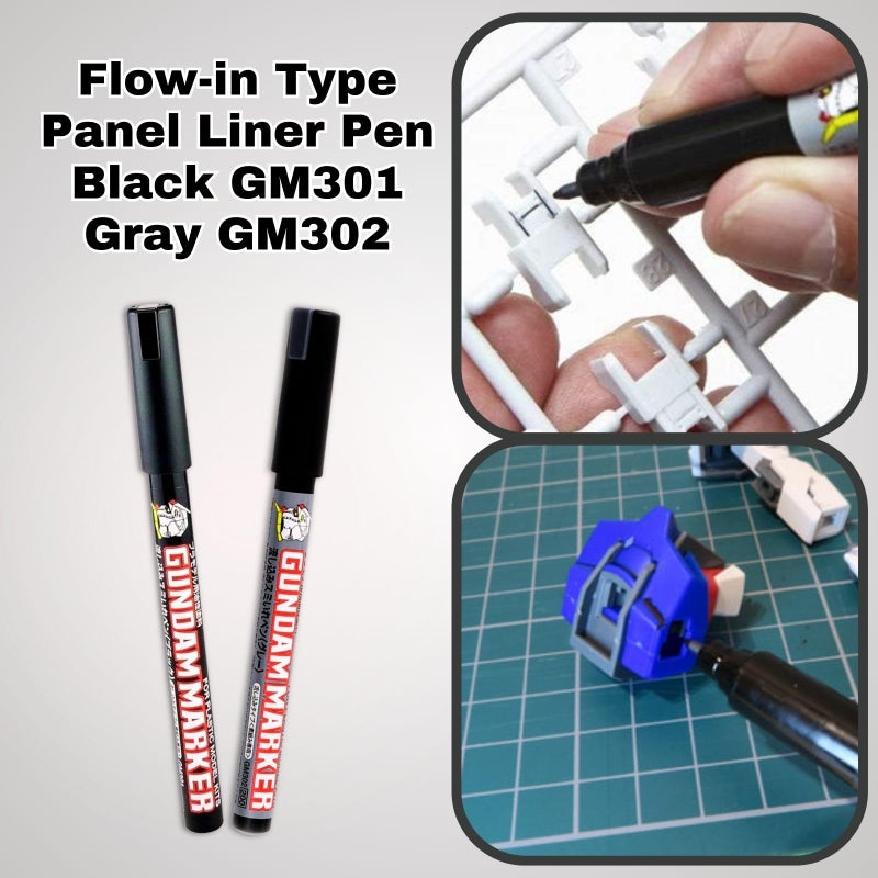 Someie GSI Creos Gundam Marker Pour Type GM301 Black & GM302 Gray & Eraser Pen GM300 & Knock-Type Eraser Flow-in Type Panel Lining Pens - Image 2